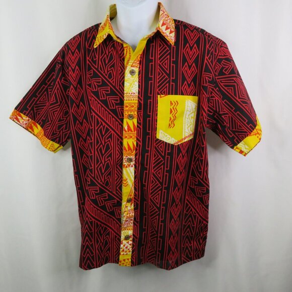 Samoan Aloha Shirt Mens M Red Yellow American Samoa Hand Printed Tribal Tapa - Picture 2 of 12
